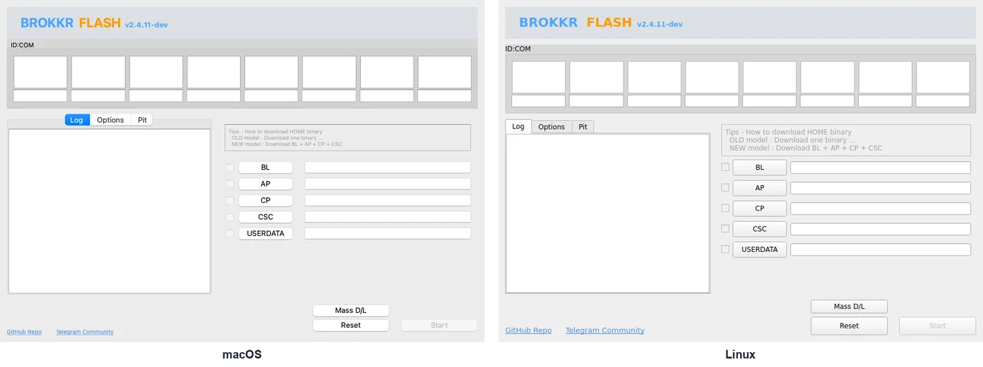 Brokkr Flash running on macOS and on Linux, showing the same layout as the Windows version