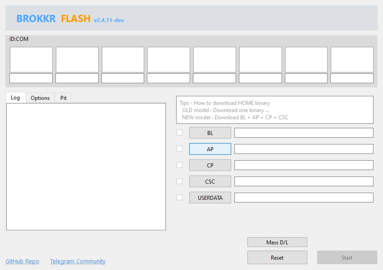 Brokkr Flash main window on Windows with ID:COM boxes, Log, Options and Pit tabs, and BL, AP, CP, CSC and USERDATA slots