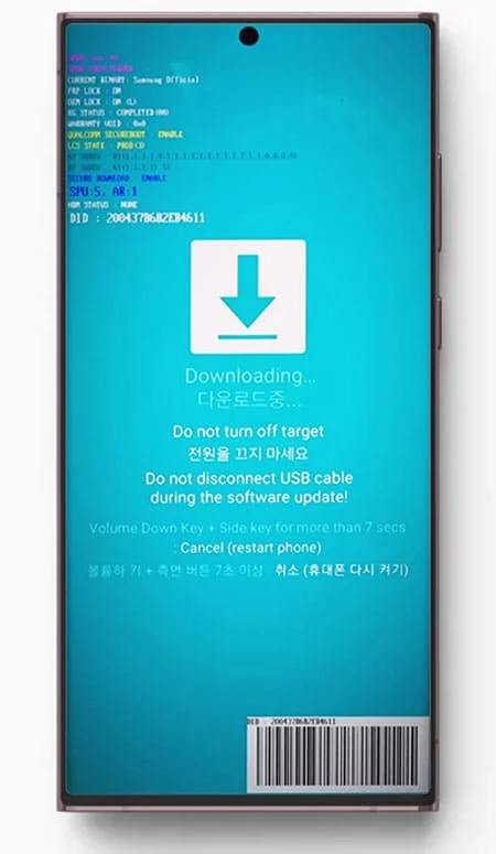 Galaxy phone in Download Mode showing the Downloading screen with the Do not turn off target warning
