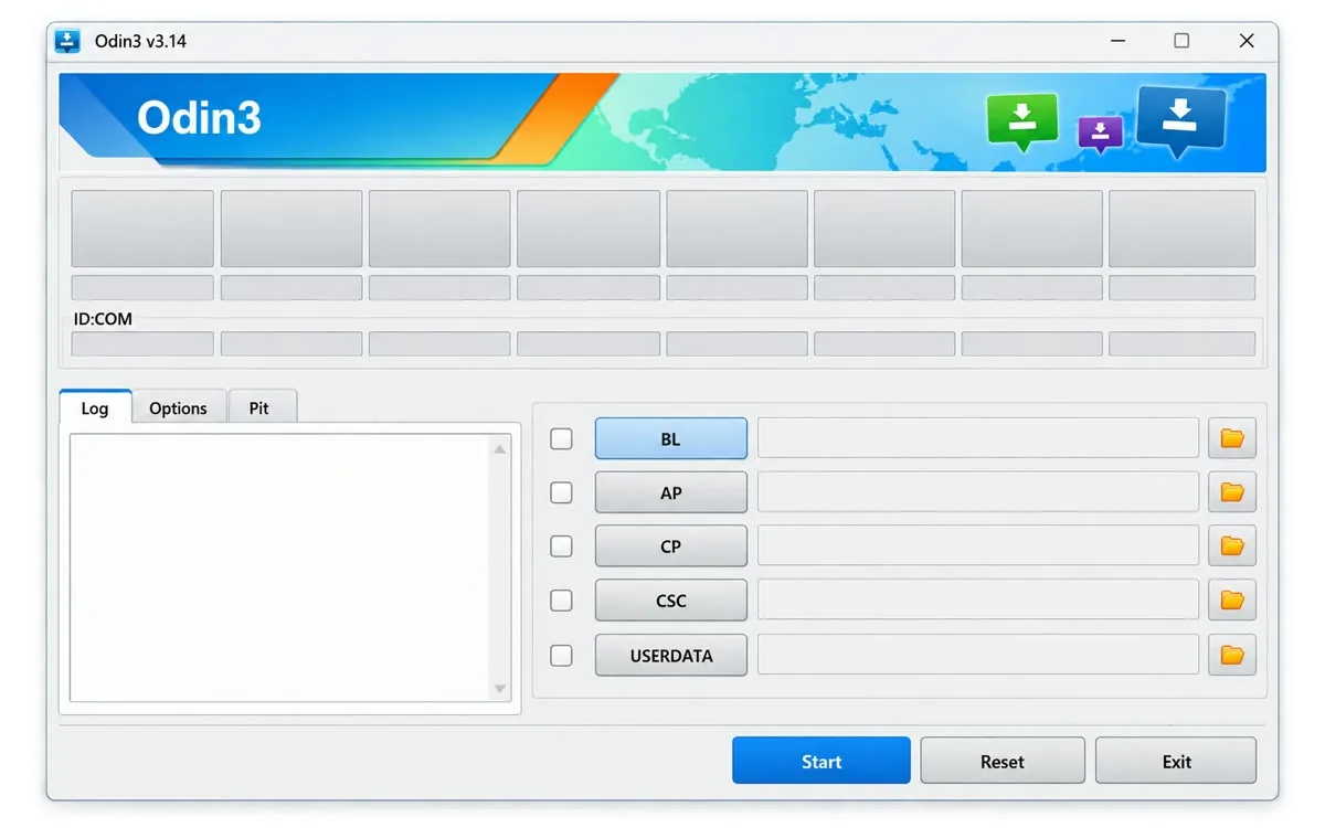 Odin3 v3.14 interface showing ID:COM, BL, AP, CP, CSC, Start, Reset, and Exit controls